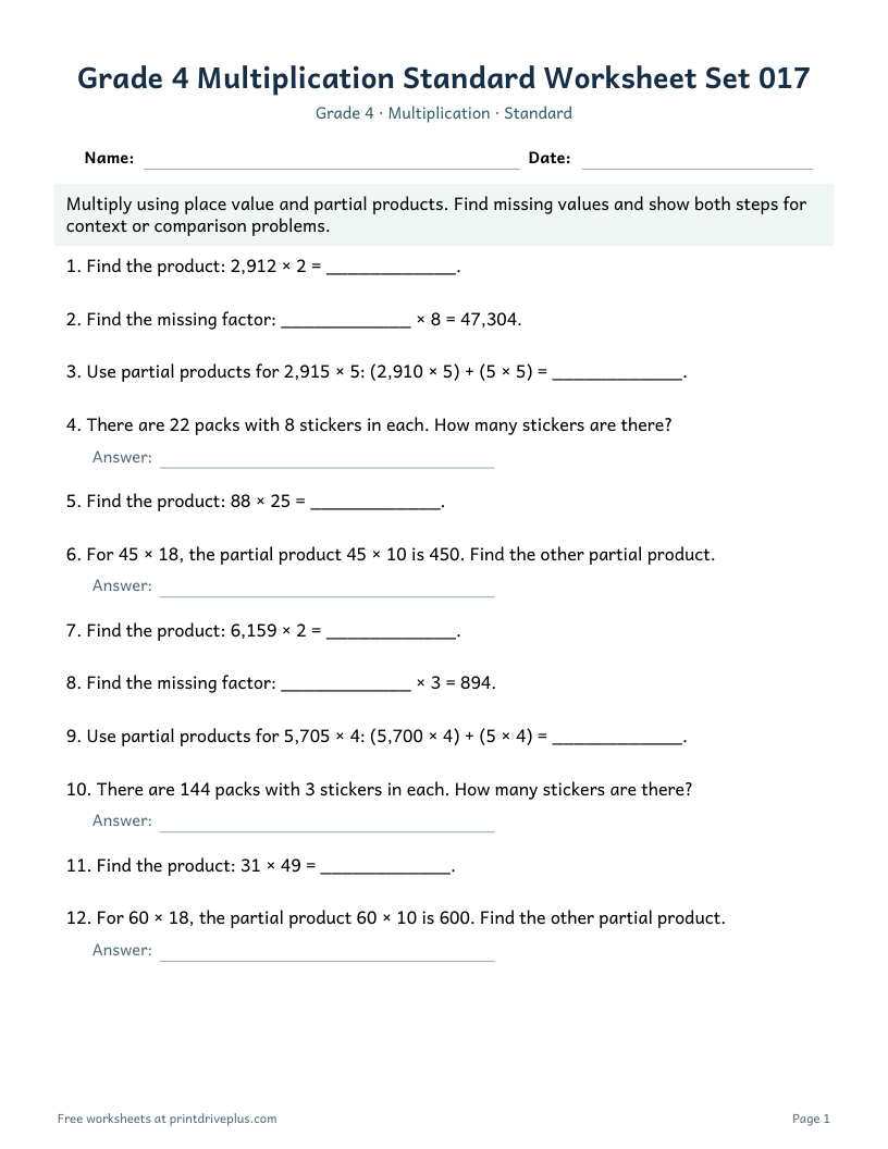 Preview of Grade 4 Multiplication Standard Worksheet Set 017