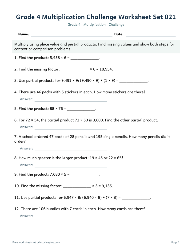 Preview of Grade 4 Multiplication Challenge Worksheet Set 021