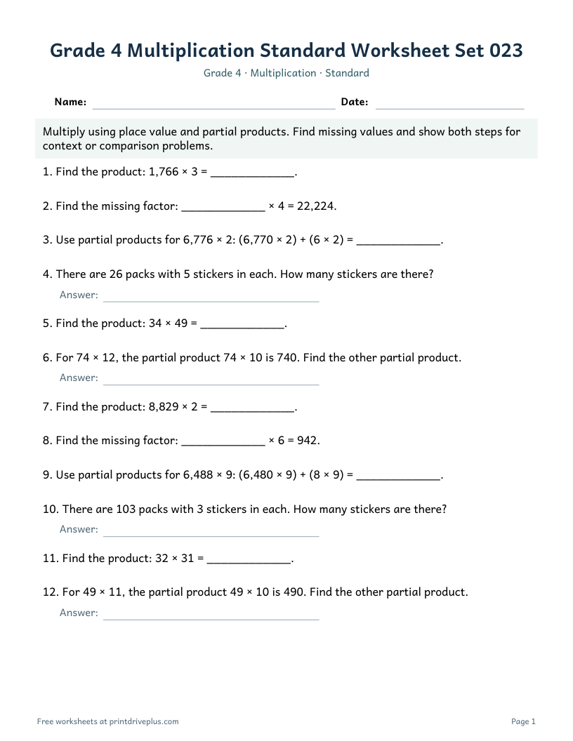 Preview of Grade 4 Multiplication Standard Worksheet Set 023