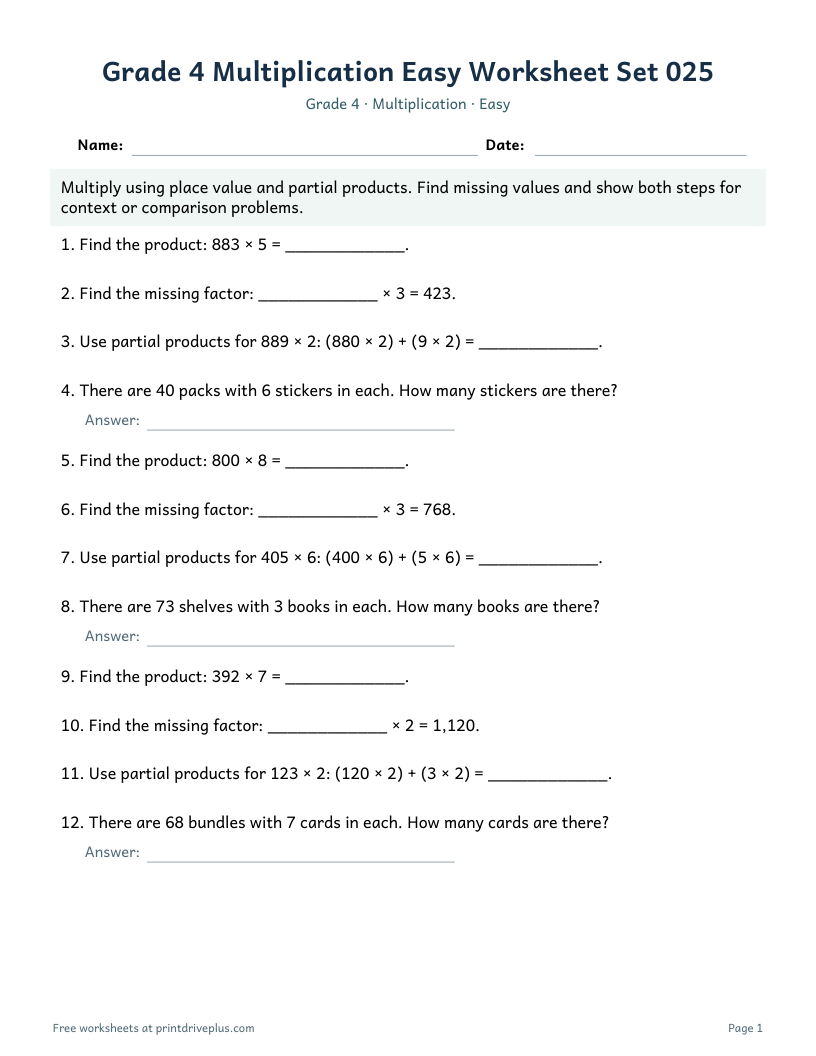 Preview of Grade 4 Multiplication Easy Worksheet Set 025