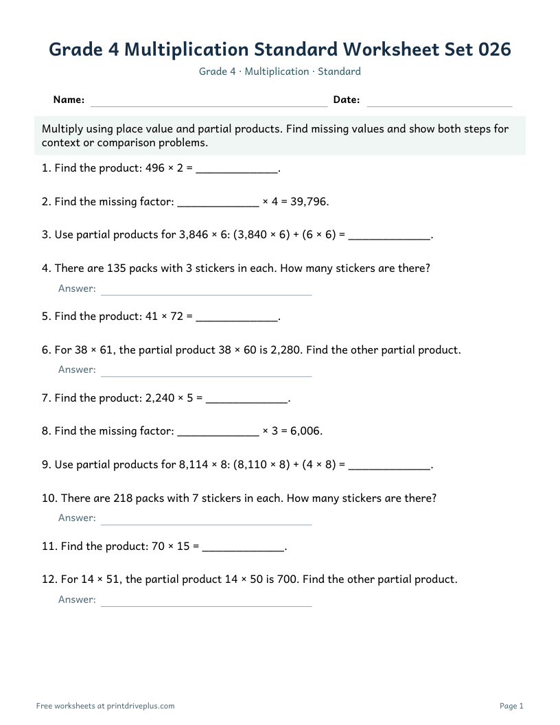 Preview of Grade 4 Multiplication Standard Worksheet Set 026