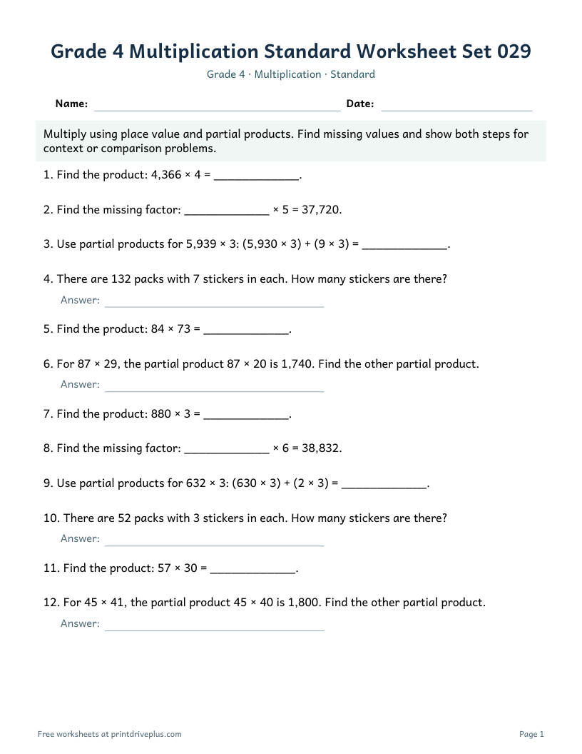 Preview of Grade 4 Multiplication Standard Worksheet Set 029
