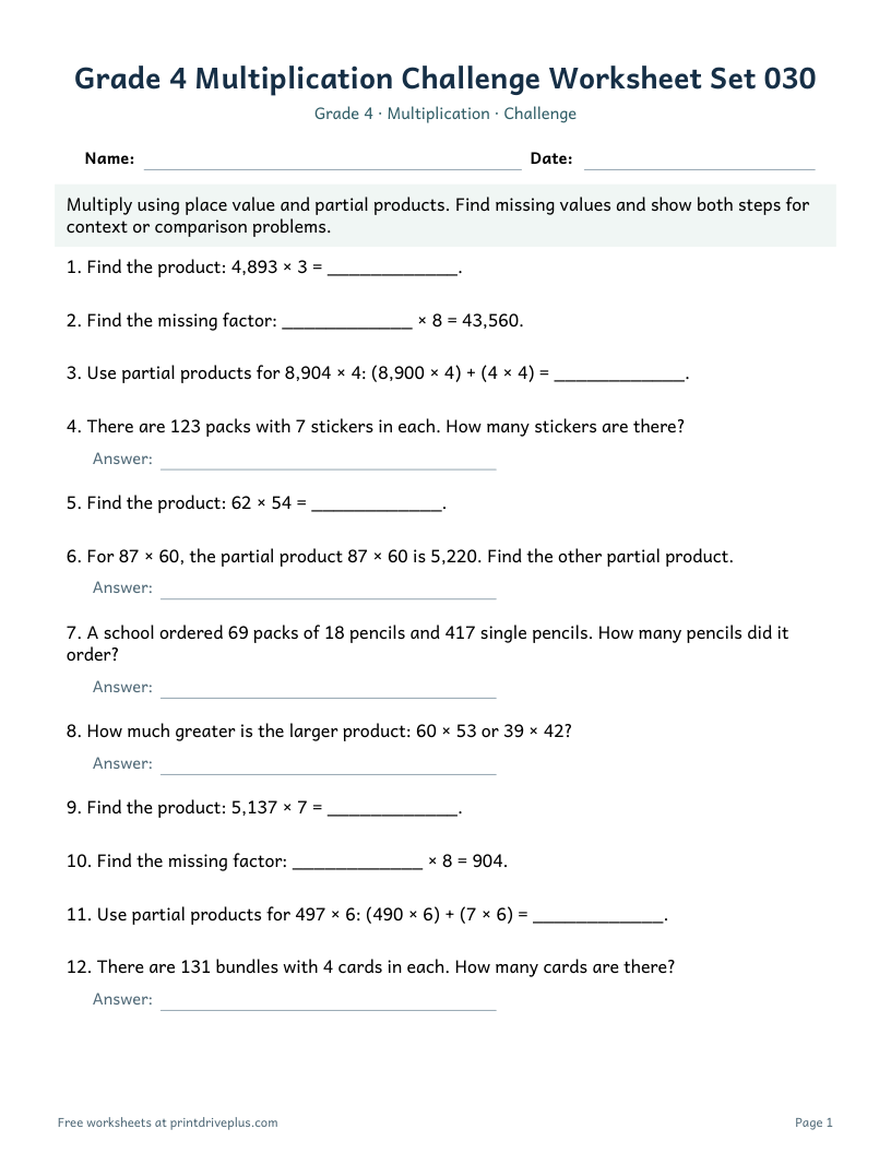 Preview of Grade 4 Multiplication Challenge Worksheet Set 030