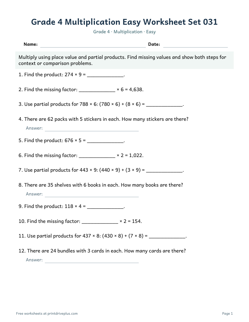 Preview of Grade 4 Multiplication Easy Worksheet Set 031
