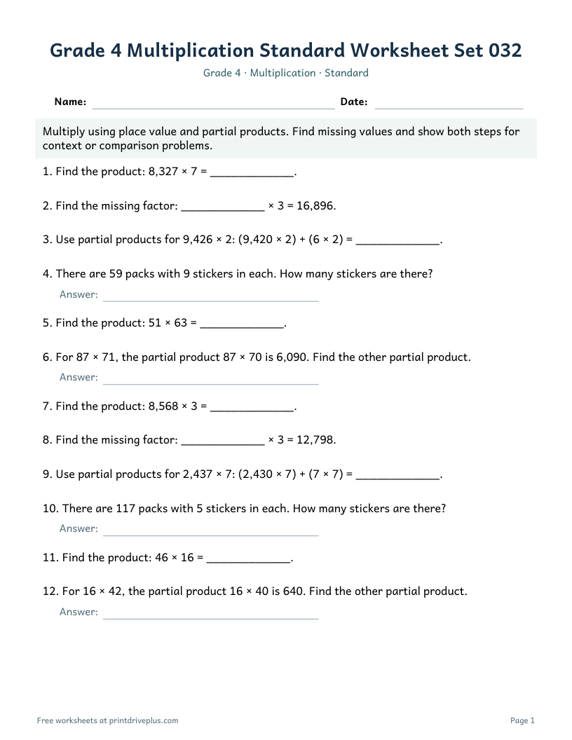 Preview of Grade 4 Multiplication Standard Worksheet Set 032
