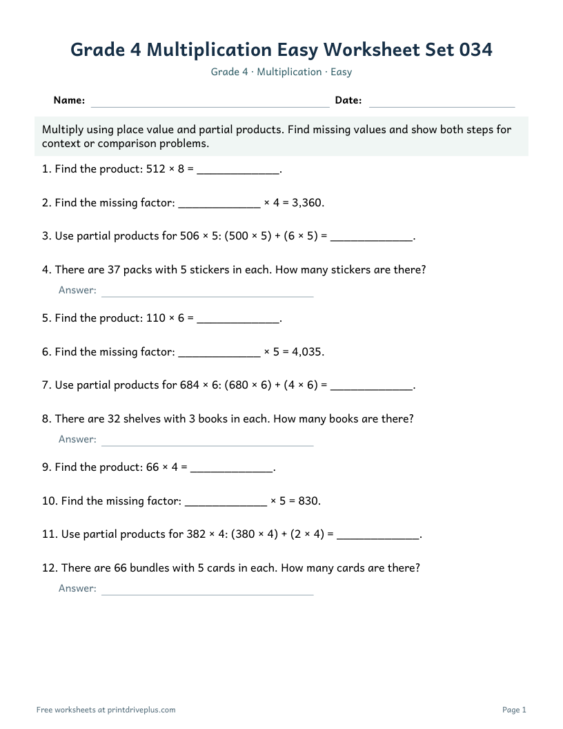 Preview of Grade 4 Multiplication Easy Worksheet Set 034
