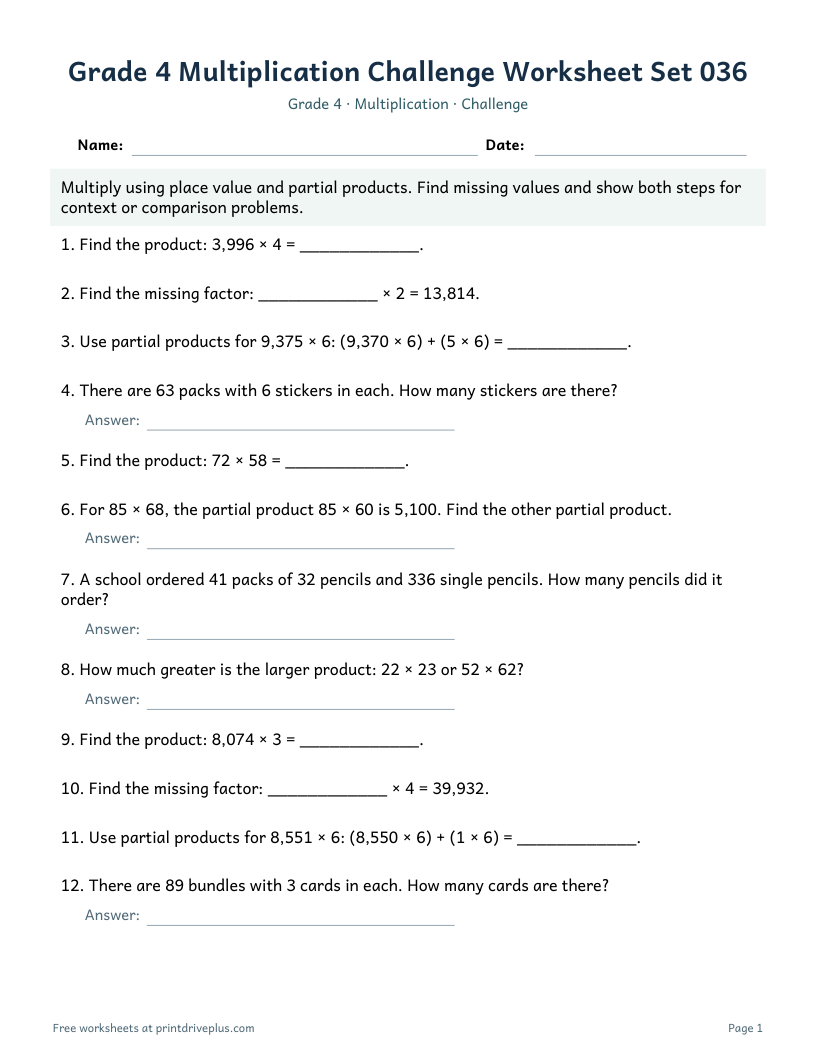 Preview of Grade 4 Multiplication Challenge Worksheet Set 036