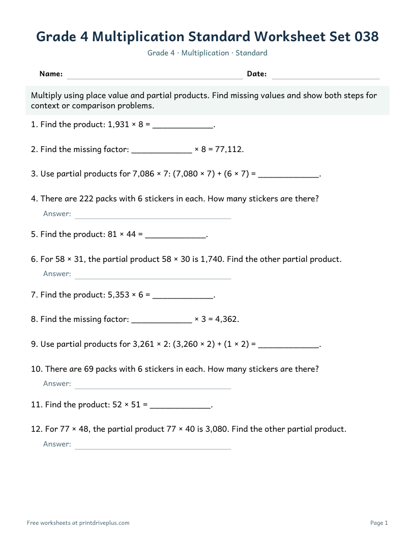 Preview of Grade 4 Multiplication Standard Worksheet Set 038