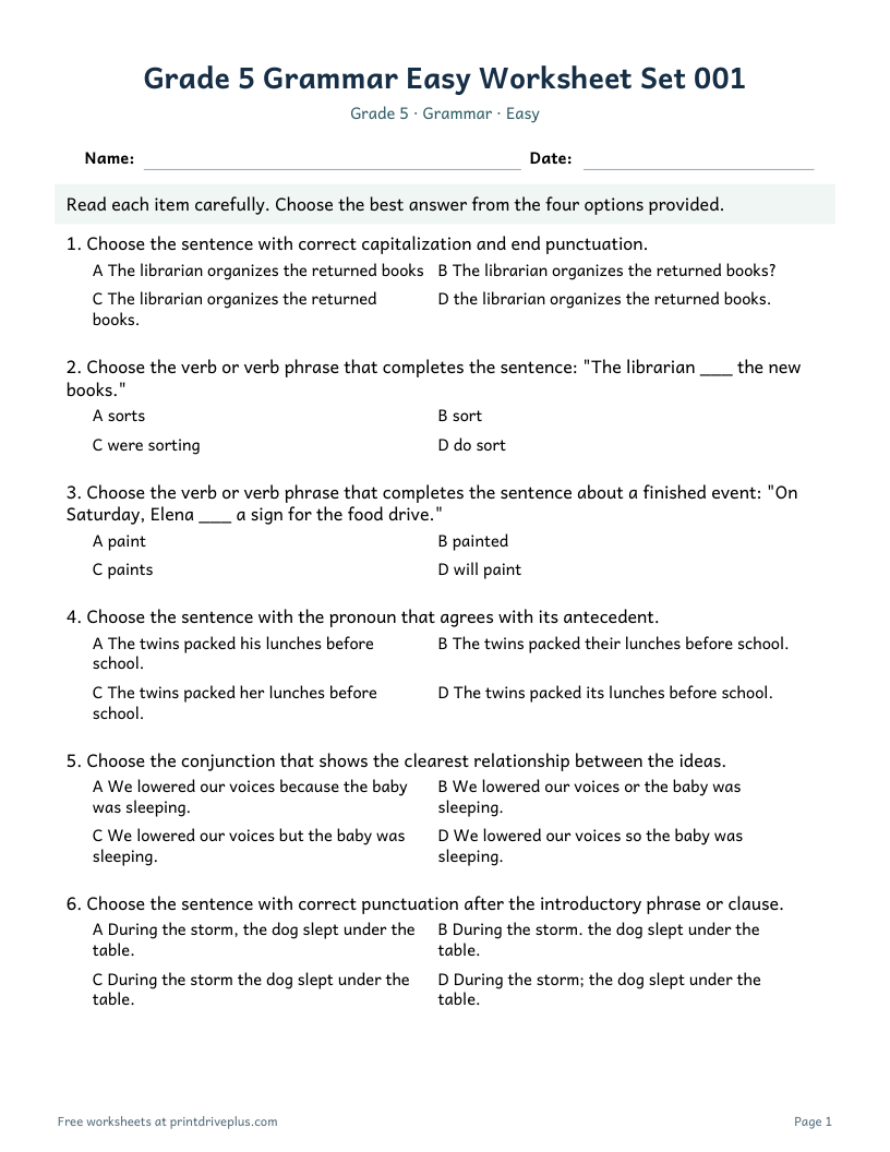 Preview of Grade 5 Grammar Easy Worksheet Set 001