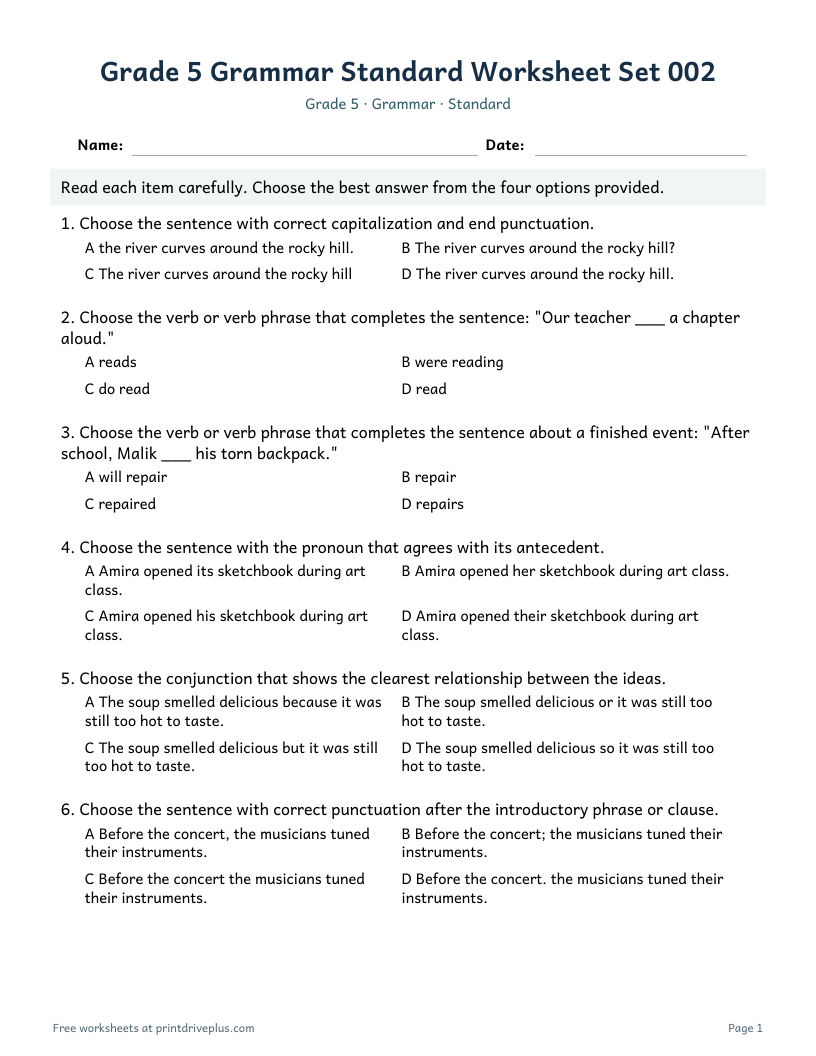 Preview of Grade 5 Grammar Standard Worksheet Set 002