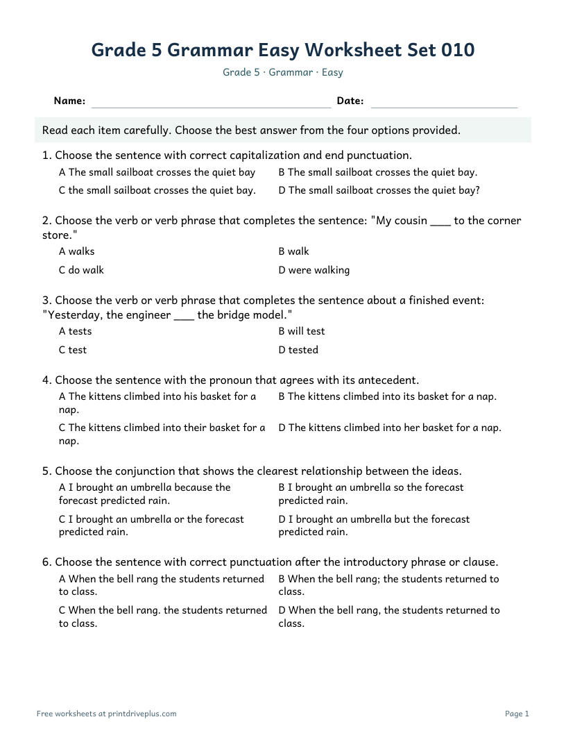 Preview of Grade 5 Grammar Easy Worksheet Set 010
