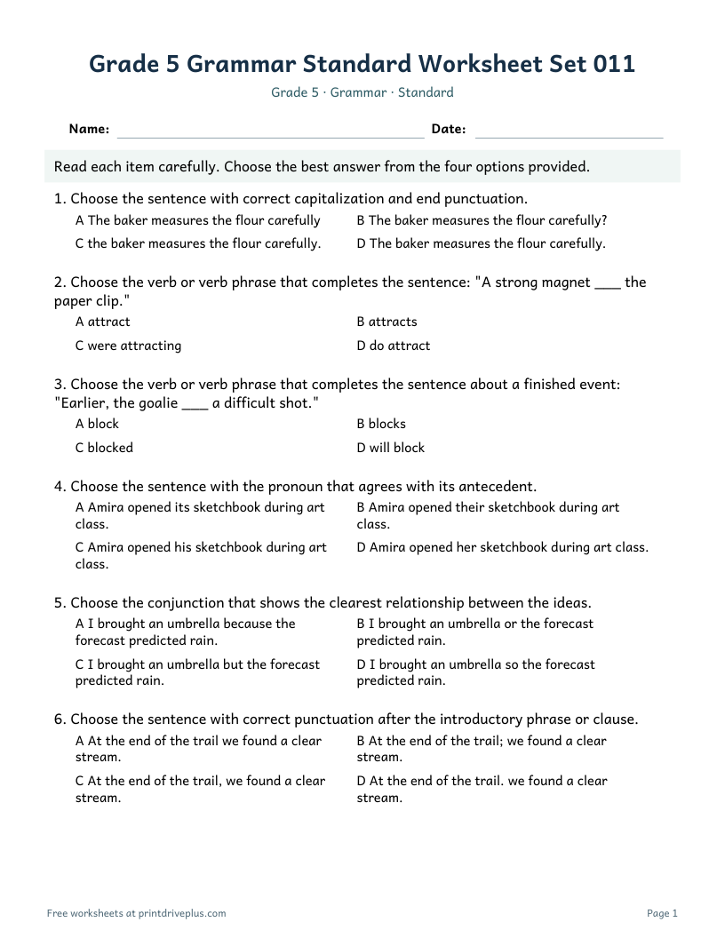 Preview of Grade 5 Grammar Standard Worksheet Set 011