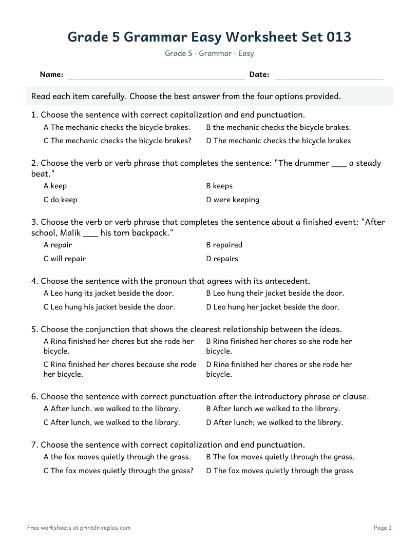 Preview of Grade 5 Grammar Easy Worksheet Set 013