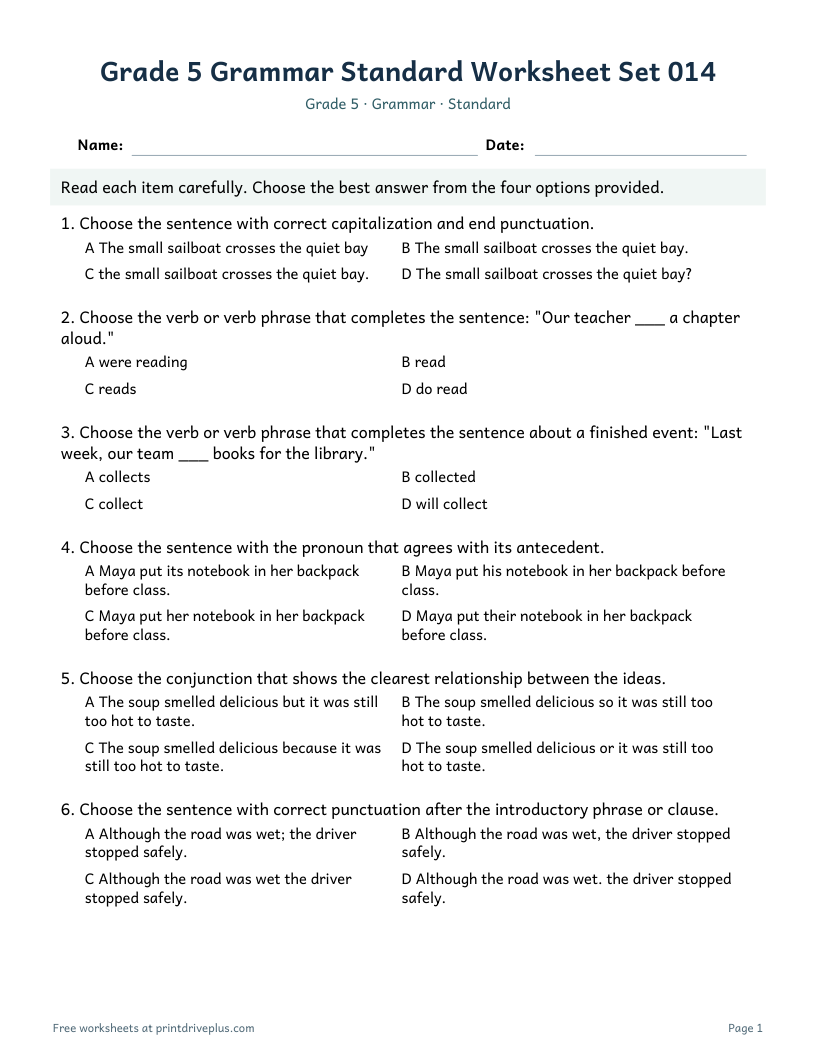 Preview of Grade 5 Grammar Standard Worksheet Set 014