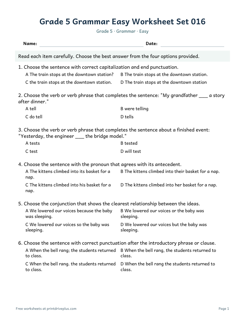 Preview of Grade 5 Grammar Easy Worksheet Set 016