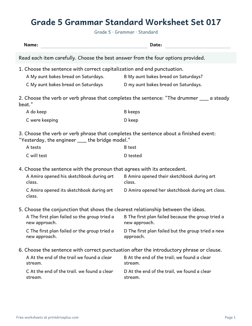 Preview of Grade 5 Grammar Standard Worksheet Set 017