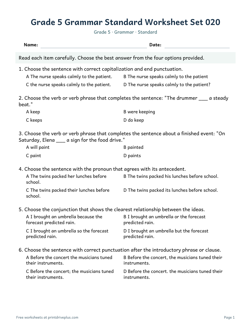 Preview of Grade 5 Grammar Standard Worksheet Set 020