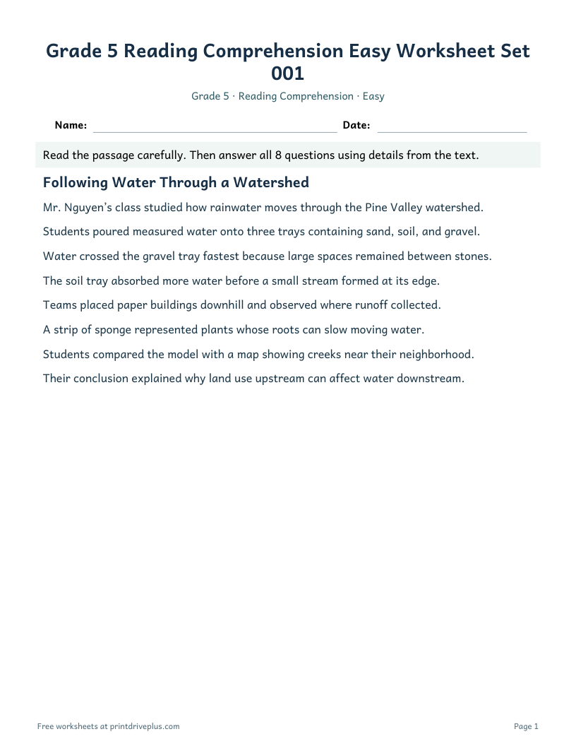 Preview of Grade 5 Reading Comprehension Easy Worksheet Set 001