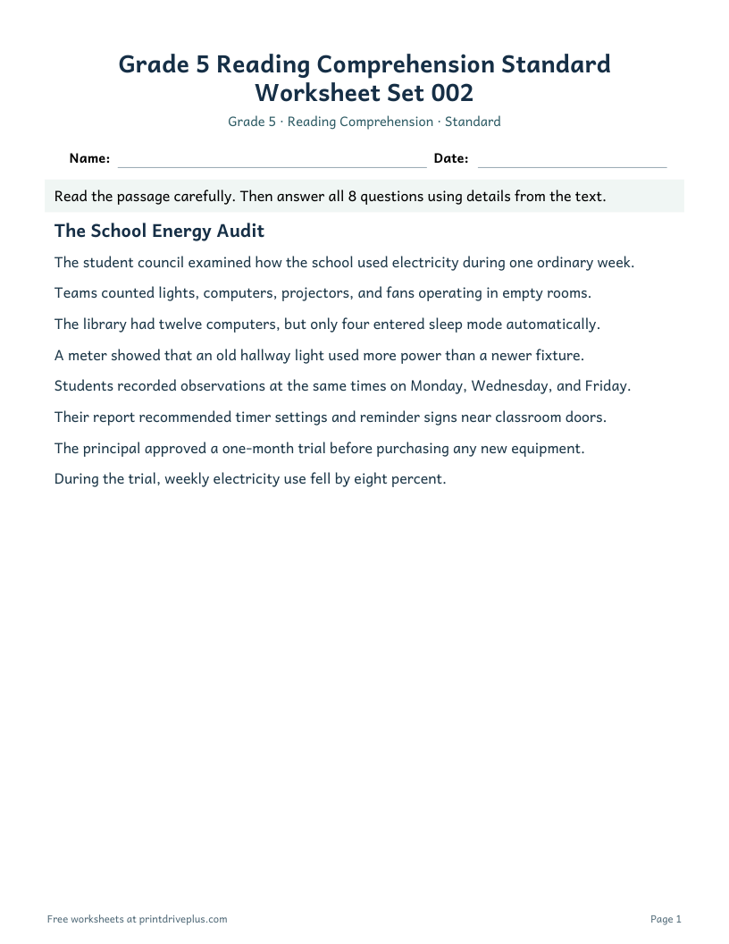 Preview of Grade 5 Reading Comprehension Standard Worksheet Set 002
