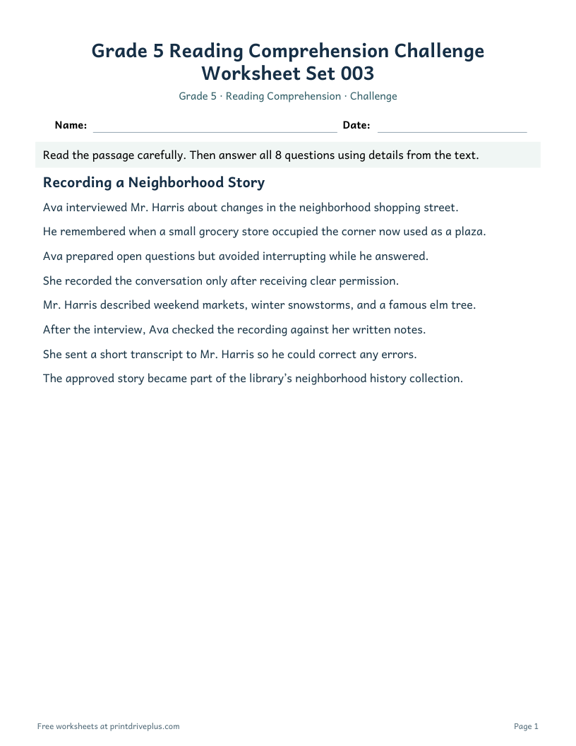 Preview of Grade 5 Reading Comprehension Challenge Worksheet Set 003