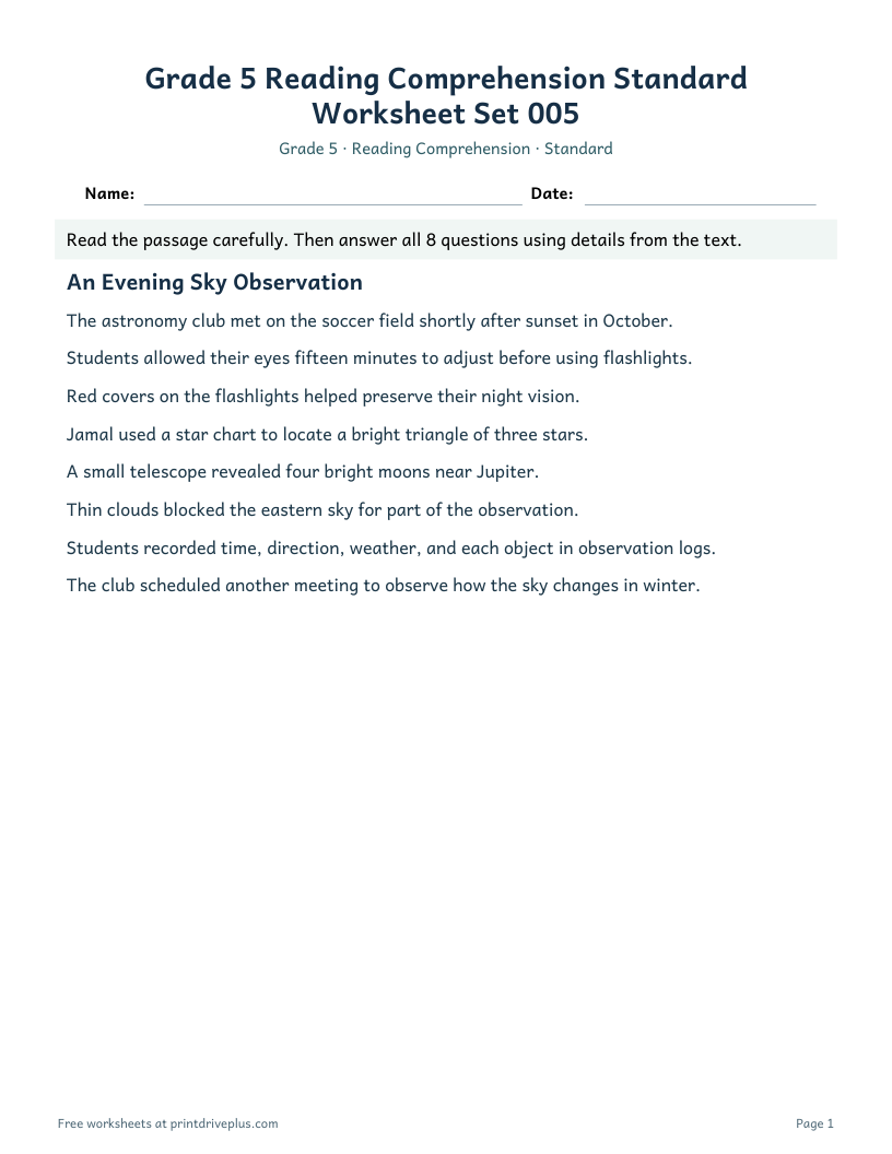 Preview of Grade 5 Reading Comprehension Standard Worksheet Set 005