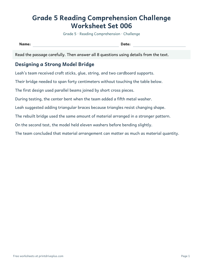 Preview of Grade 5 Reading Comprehension Challenge Worksheet Set 006