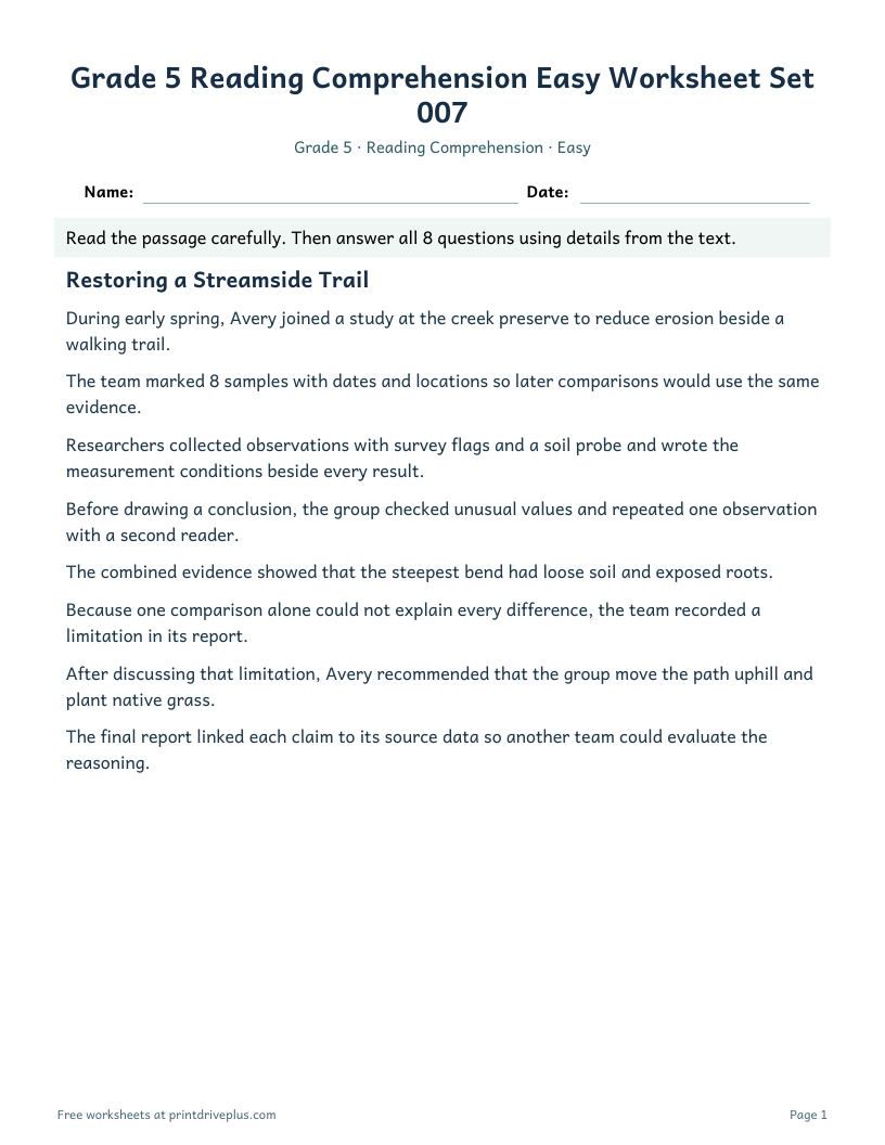 Preview of Grade 5 Reading Comprehension Easy Worksheet Set 007