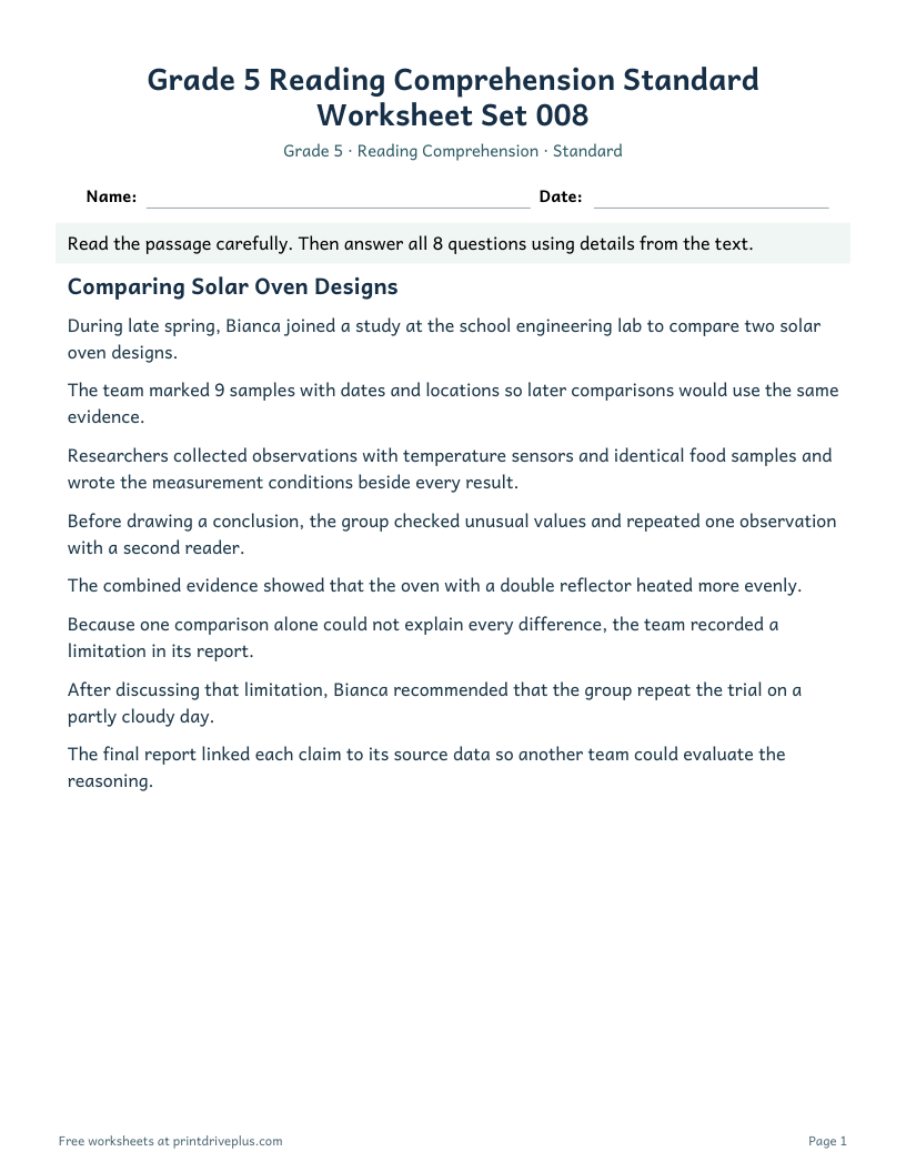 Preview of Grade 5 Reading Comprehension Standard Worksheet Set 008
