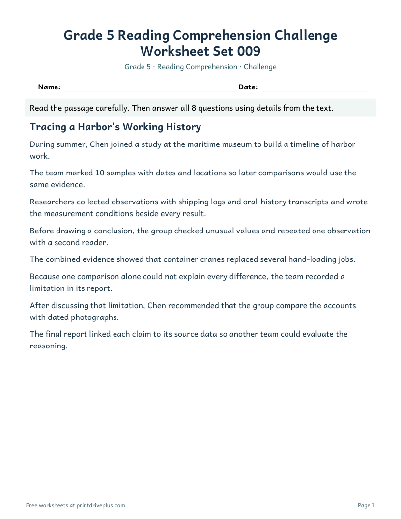 Preview of Grade 5 Reading Comprehension Challenge Worksheet Set 009