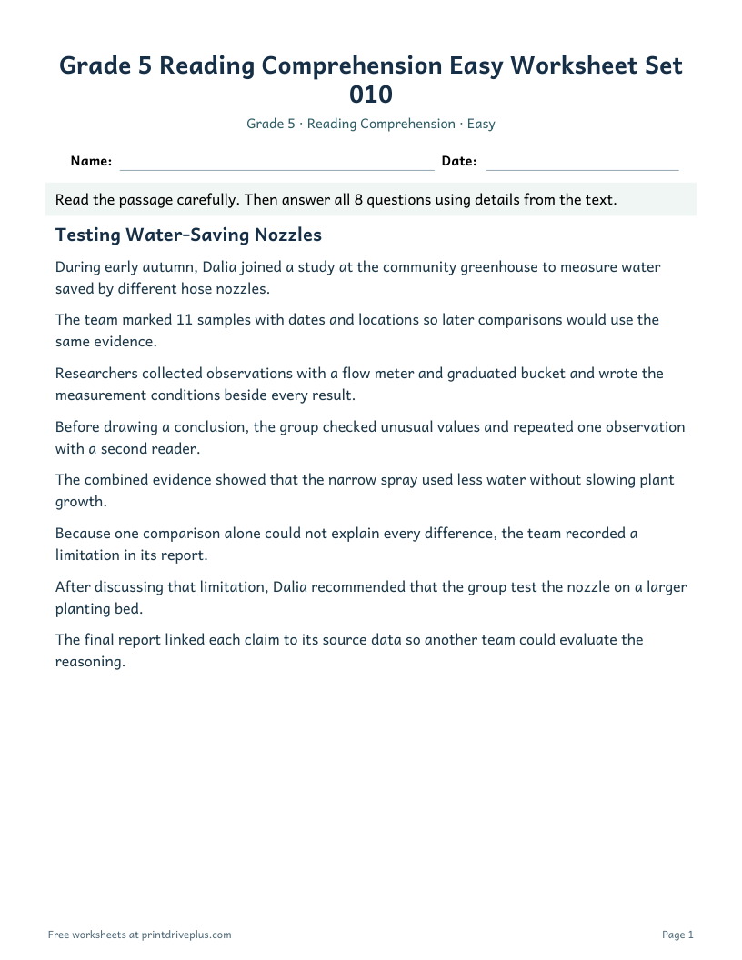 Preview of Grade 5 Reading Comprehension Easy Worksheet Set 010