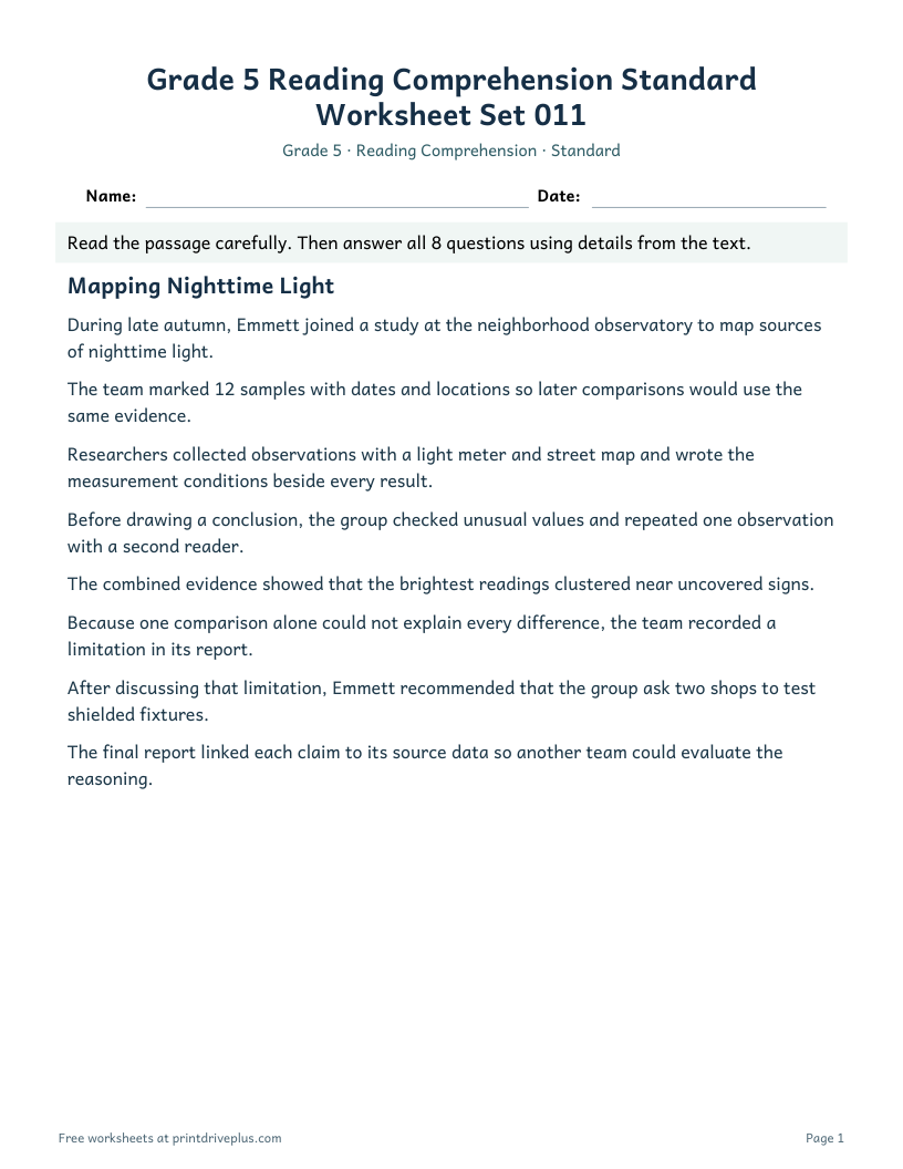 Preview of Grade 5 Reading Comprehension Standard Worksheet Set 011