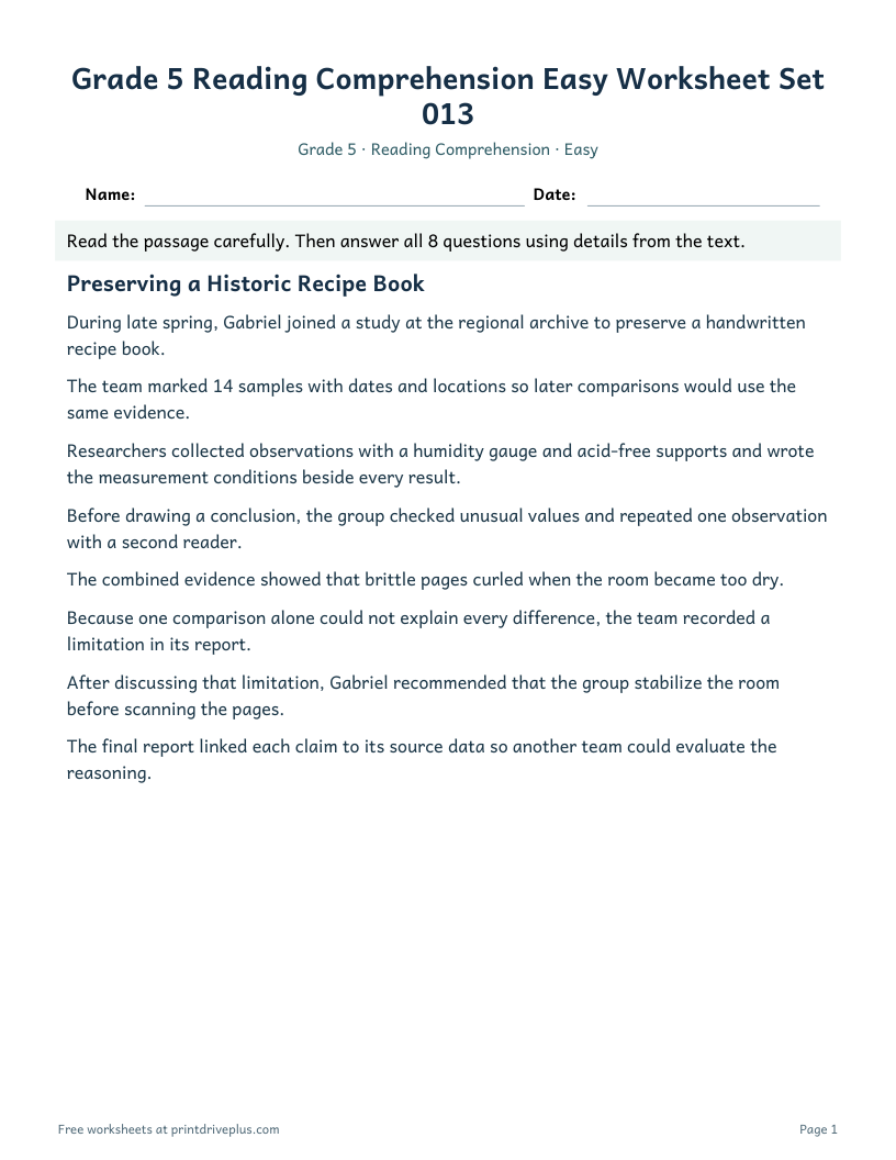 Preview of Grade 5 Reading Comprehension Easy Worksheet Set 013