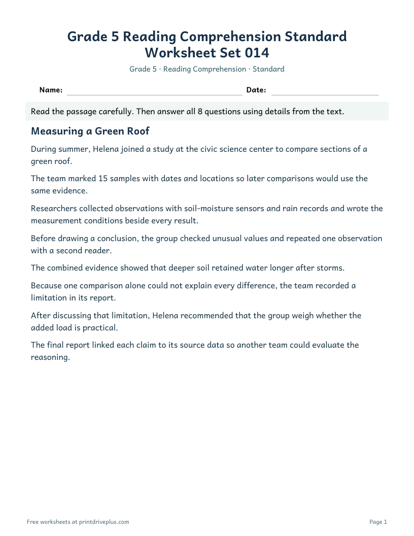 Preview of Grade 5 Reading Comprehension Standard Worksheet Set 014