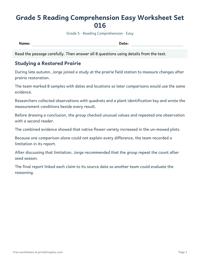 Preview of Grade 5 Reading Comprehension Easy Worksheet Set 016