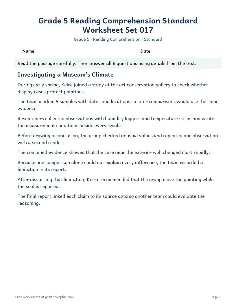 Preview of Grade 5 Reading Comprehension Standard Worksheet Set 017
