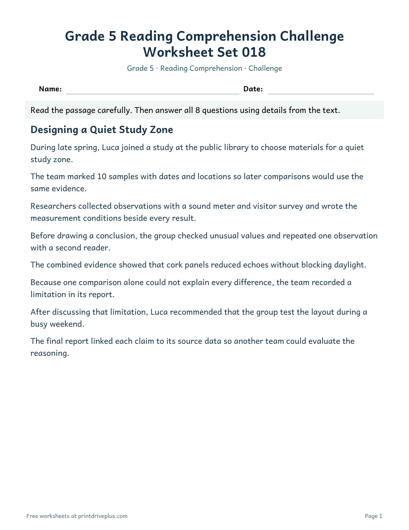 Preview of Grade 5 Reading Comprehension Challenge Worksheet Set 018