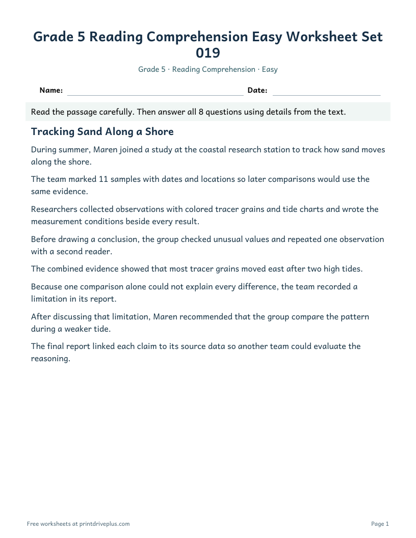 Preview of Grade 5 Reading Comprehension Easy Worksheet Set 019