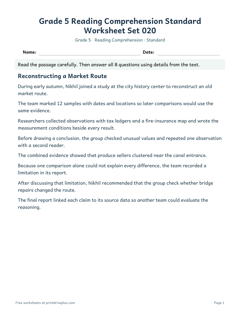 Preview of Grade 5 Reading Comprehension Standard Worksheet Set 020