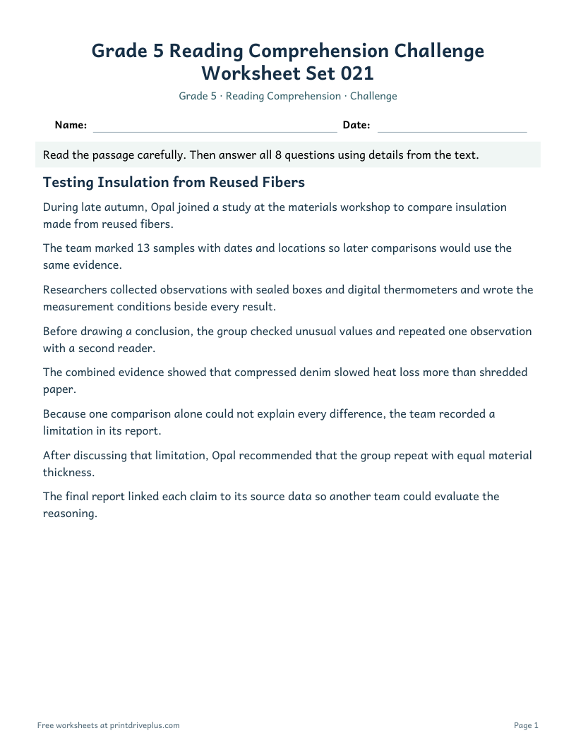 Preview of Grade 5 Reading Comprehension Challenge Worksheet Set 021