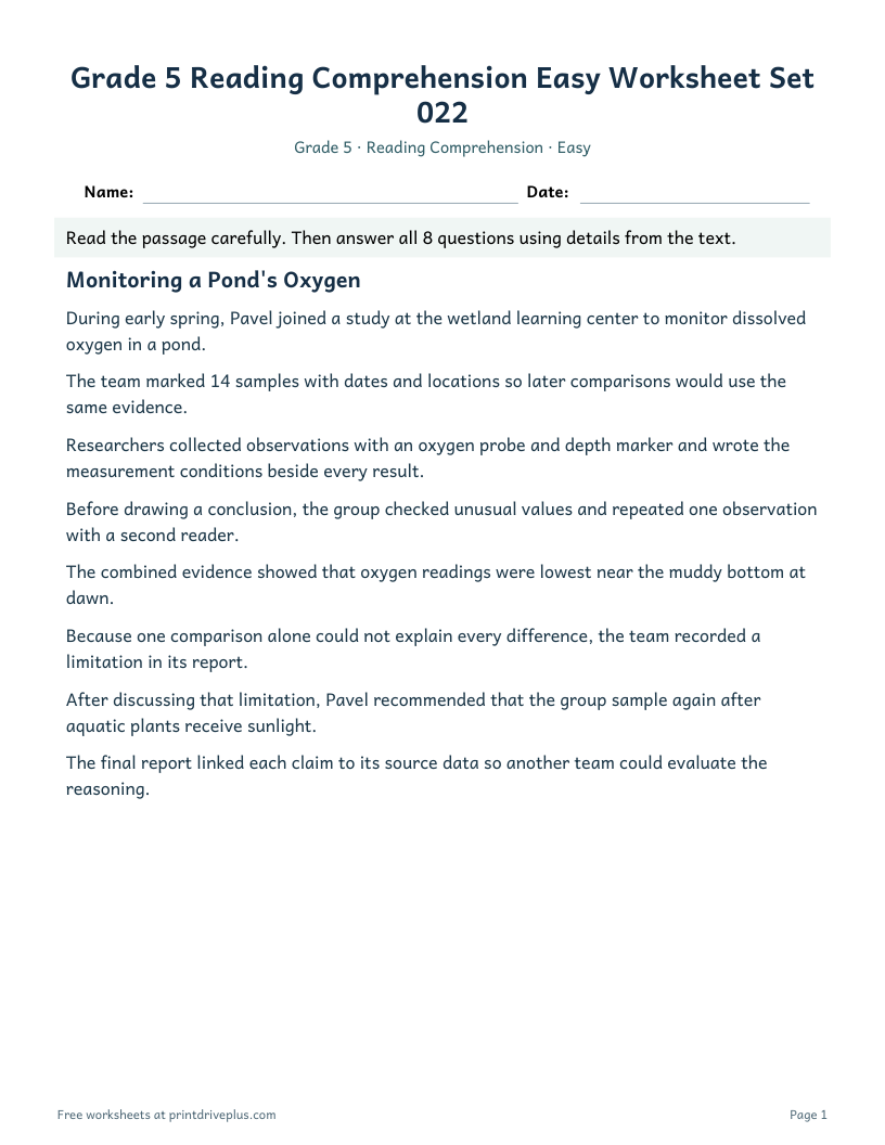 Preview of Grade 5 Reading Comprehension Easy Worksheet Set 022
