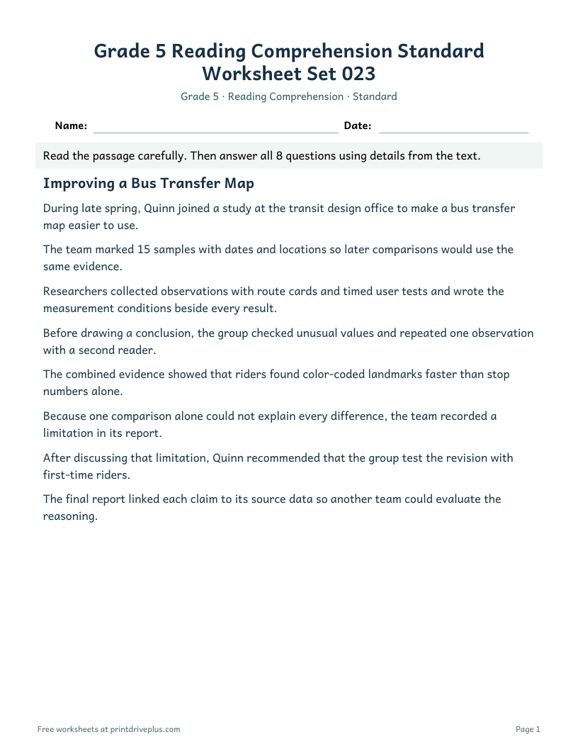 Preview of Grade 5 Reading Comprehension Standard Worksheet Set 023