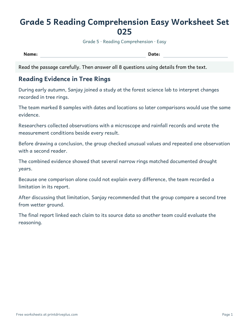 Preview of Grade 5 Reading Comprehension Easy Worksheet Set 025