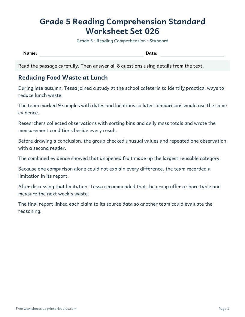 Preview of Grade 5 Reading Comprehension Standard Worksheet Set 026