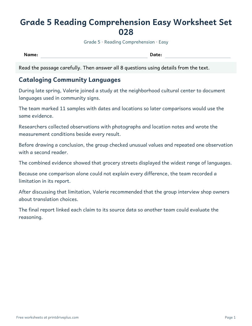 Preview of Grade 5 Reading Comprehension Easy Worksheet Set 028