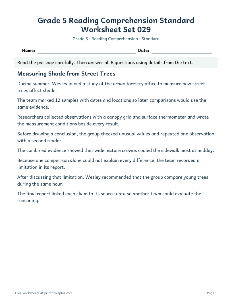Preview of Grade 5 Reading Comprehension Standard Worksheet Set 029