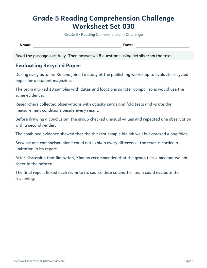 Preview of Grade 5 Reading Comprehension Challenge Worksheet Set 030