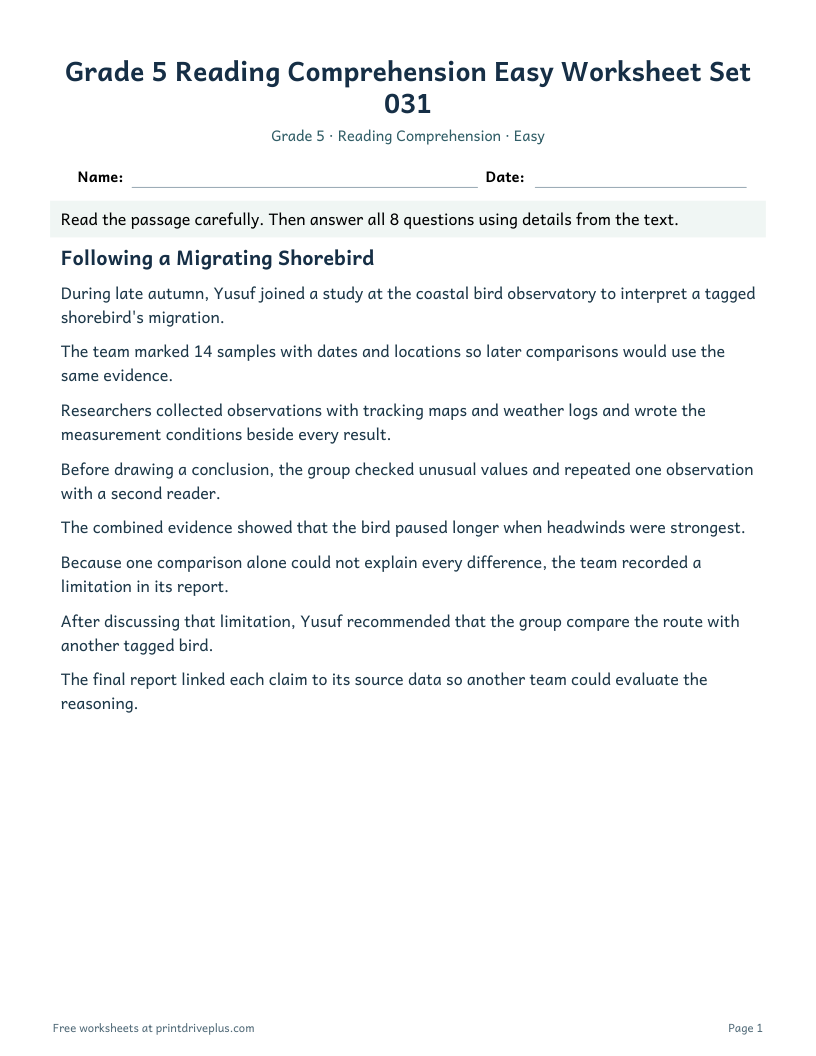 Preview of Grade 5 Reading Comprehension Easy Worksheet Set 031