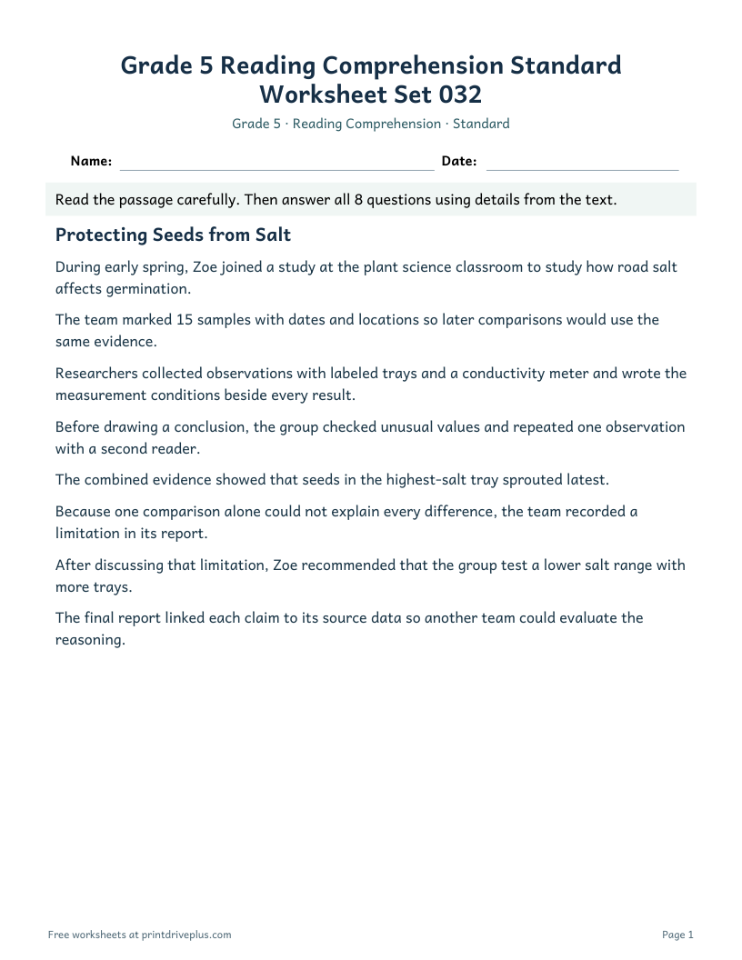 Preview of Grade 5 Reading Comprehension Standard Worksheet Set 032