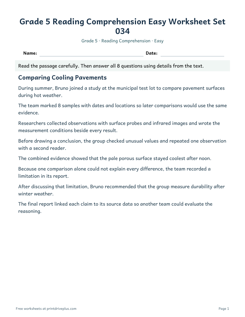 Preview of Grade 5 Reading Comprehension Easy Worksheet Set 034
