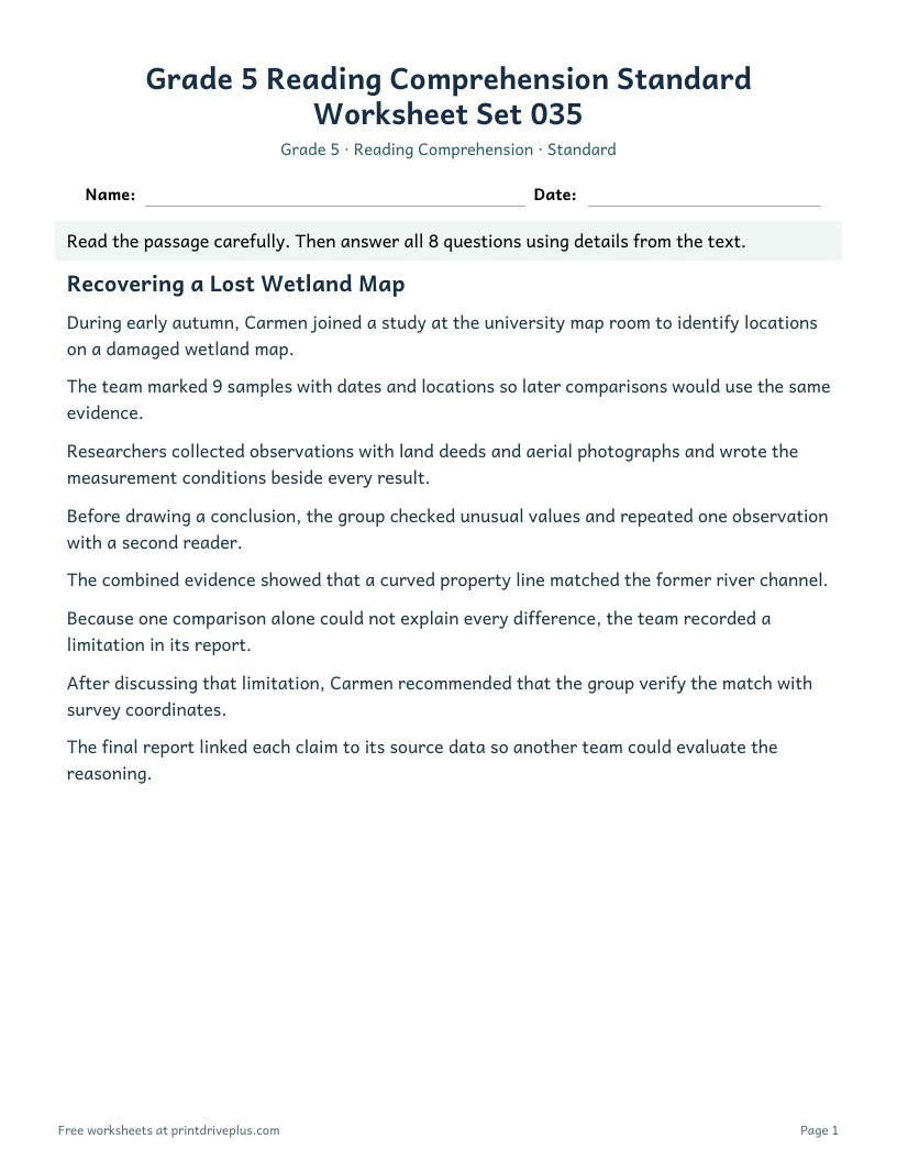 Preview of Grade 5 Reading Comprehension Standard Worksheet Set 035